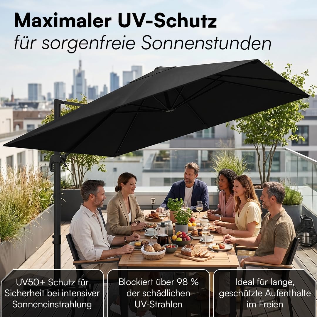 STEELSØN Elaris Premium Sonnenschirm rechteckig 300x300 cm – Ampelschirm inkl. Schutzhülle – Gartenschirm neigbar & 360° drehbar – Sonnenschutz UV50+ wetterfest – robustes Aluminium Gestell - schwarz
