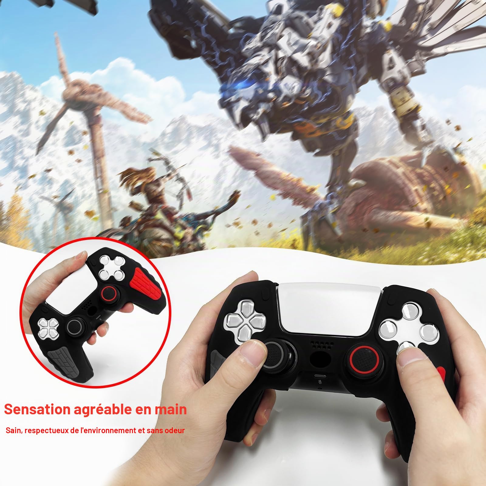 Skin antidérapant pour manette PS5 araignée noire, coque de protection en silicone souple et épaisse compatible avec manette PS5/Slim/Pro avec 2 capuchons de pouce, protections de joystick