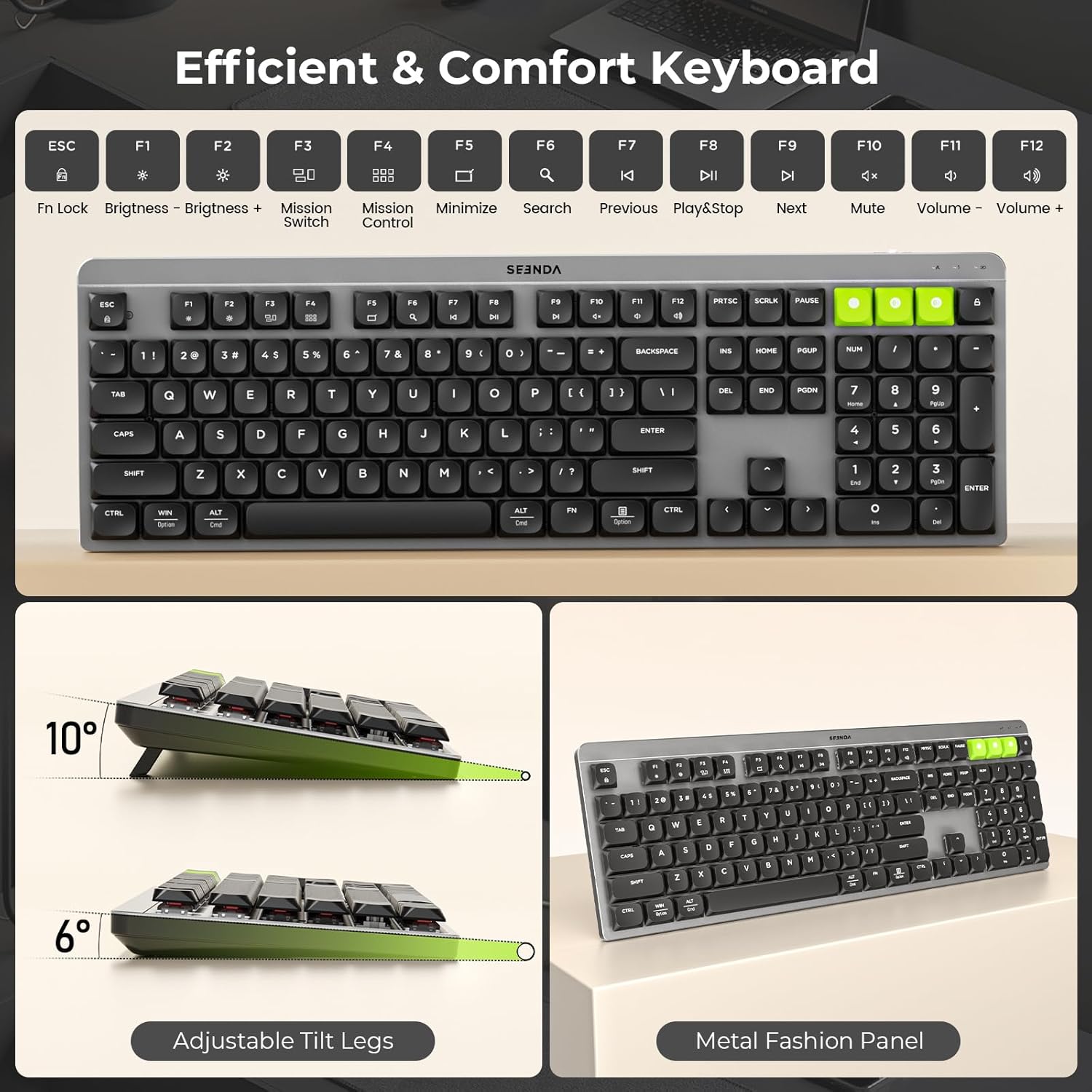 Keyboard with function keys and adjustable tilt legs