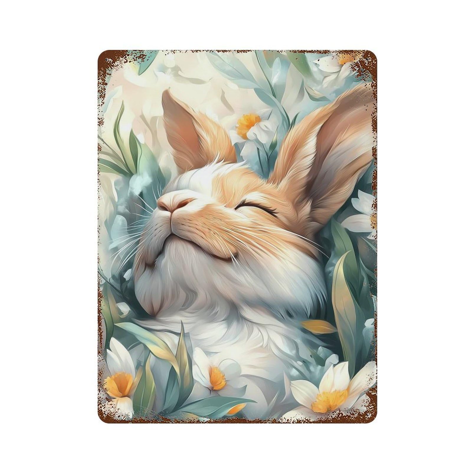 Cute Sleeping Bunny in Flowers Rustic Tin Plaque 15.7"x11.8", Ideal for Shed, Workshop And Garage Wall Decor