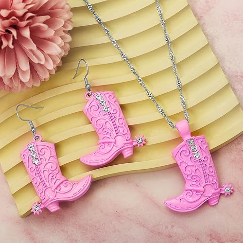 RechicGu Western West Cowgirl Cowboy Texas Boots Earrings Necklace Set, Spur Rodeo Drop Dangle Boots Earrings,Twist Link Chain Necklace with Boot Pendant,Jewelry Set(Boots Pink Set)