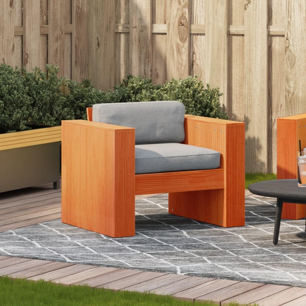 Sillón de jardín rústico de madera maciza de pino, color marrón cera, cómodo sillón de jardín con respaldo y reposabrazos, resistente al aire libre, madera maciza para terraza