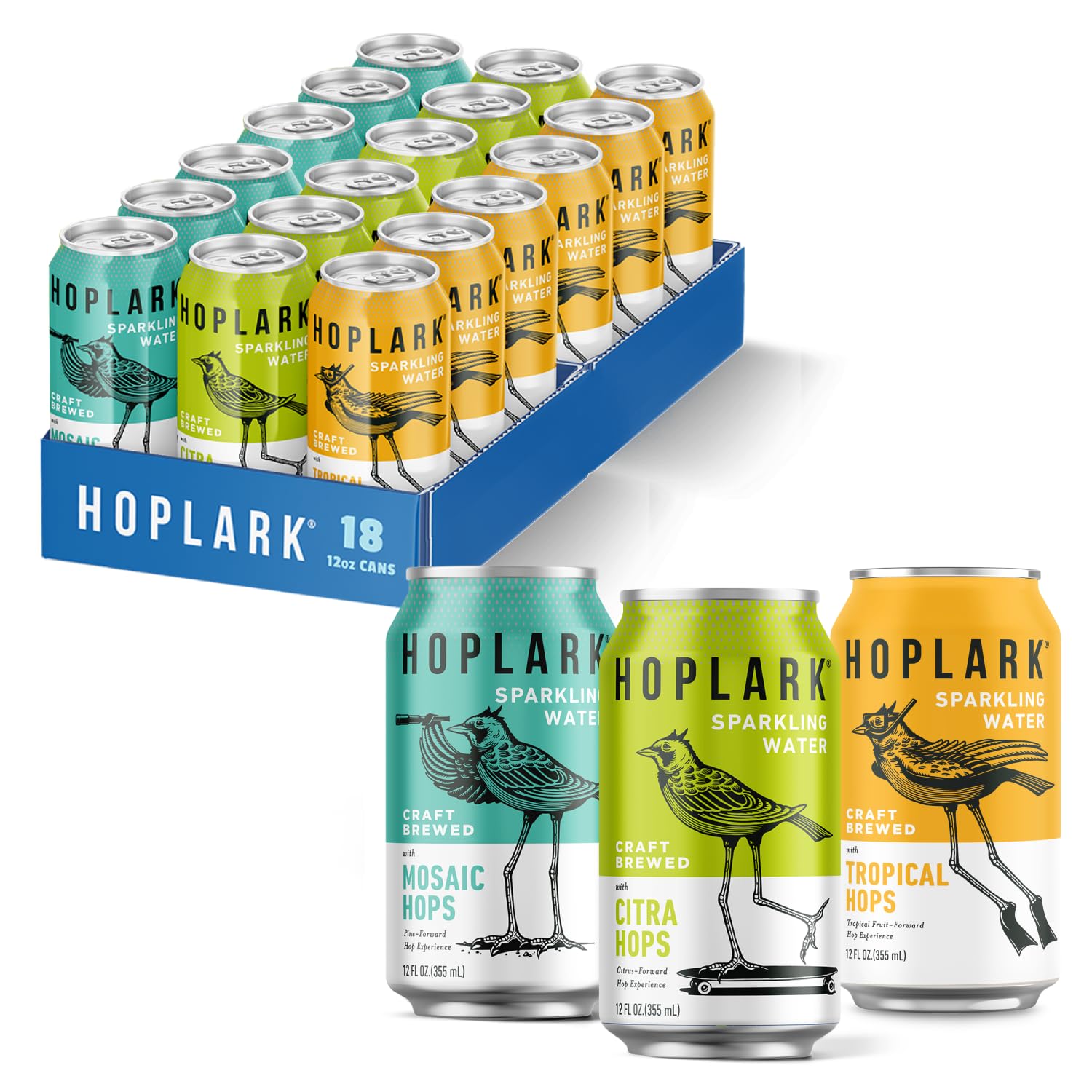 HOPLARK Hops Only Sparkling Hop Water – Mixed Pack – Zero Calorie – Sugar-Free – Unsweetened – Vegan – Caffeine-Free Sparkling Botanical Beverage with Citra, Mosaic and Sabro Hops – 18pk 12oz Cans