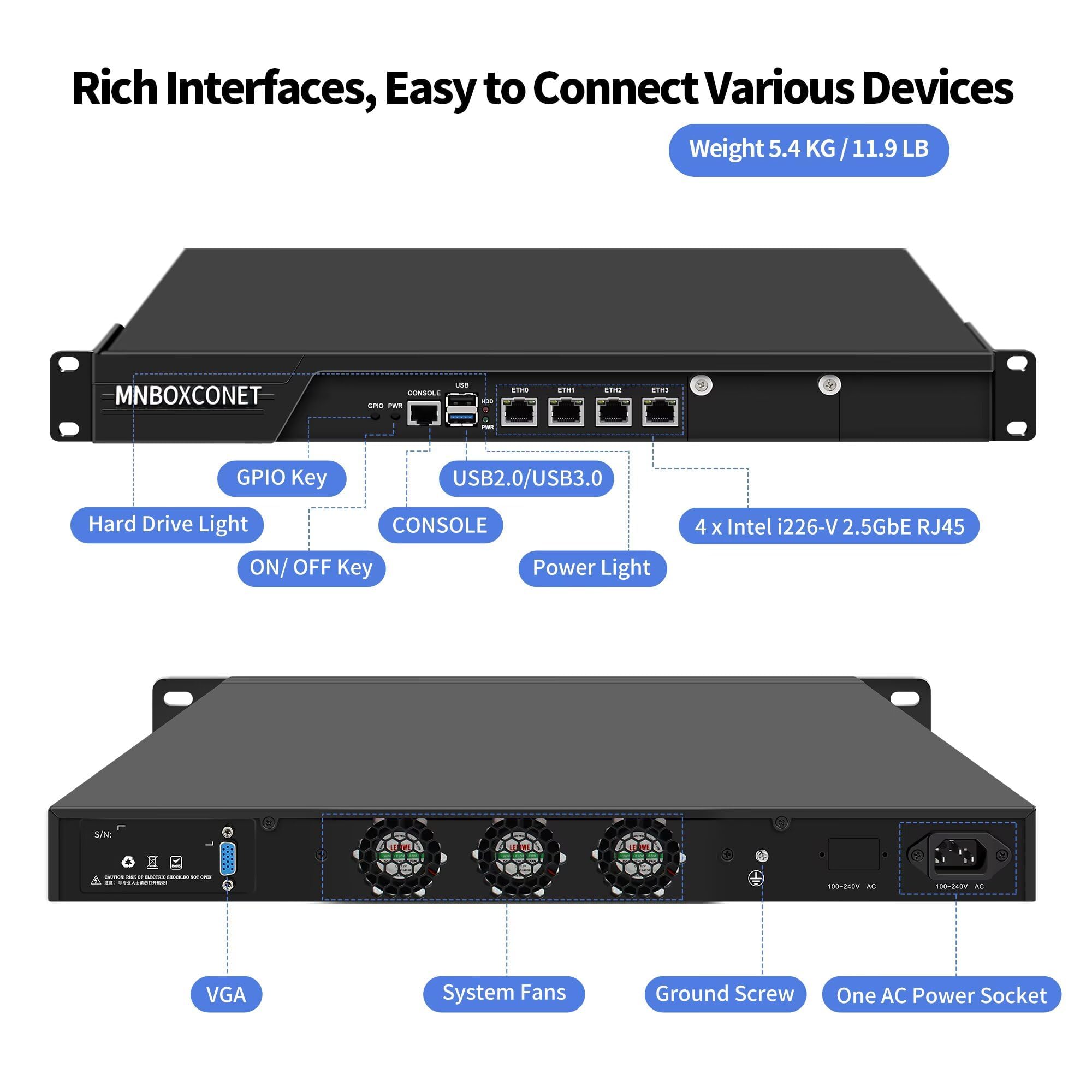 Firewall Appliance 1U N300, 19'' Rack Server Router PC, 4 x 2.5GbE I-226V LAN, OPNsense Homelab Server, DDR5 NO RAM NO SSD Barebone, Network Security Hardware VGA Display, Console