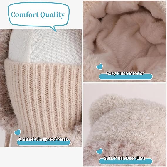 Cat Ear Baby Girls Boys Winter Hat Toddler Knitted Hood Scarf Beanies with Fleece Lining