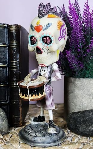 Miniatura 6 de Ebros Gift Tatuaje del Día de los Muertos, esqueleto de roca, tambor, baterista, Bobblehead, figura de 6.5 pulgadas de largo, para Halloween, cabeza