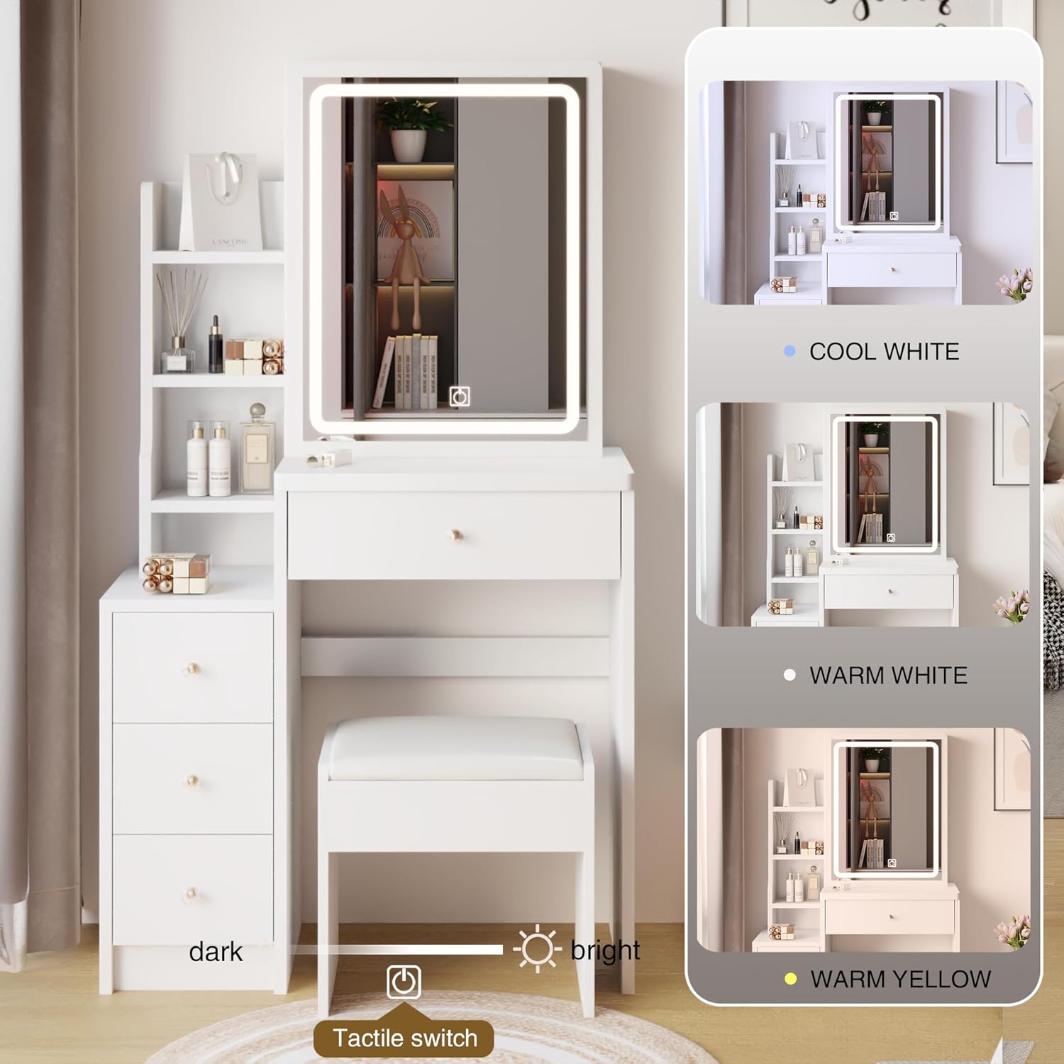 29.2" W Small Vanity Desk with Mirror and Lights, White Makeup Vanity Set with 4 Drawers and 5 Shelves, Dressing Table with Cushion Stool, Sliding Mirror for Bedroom