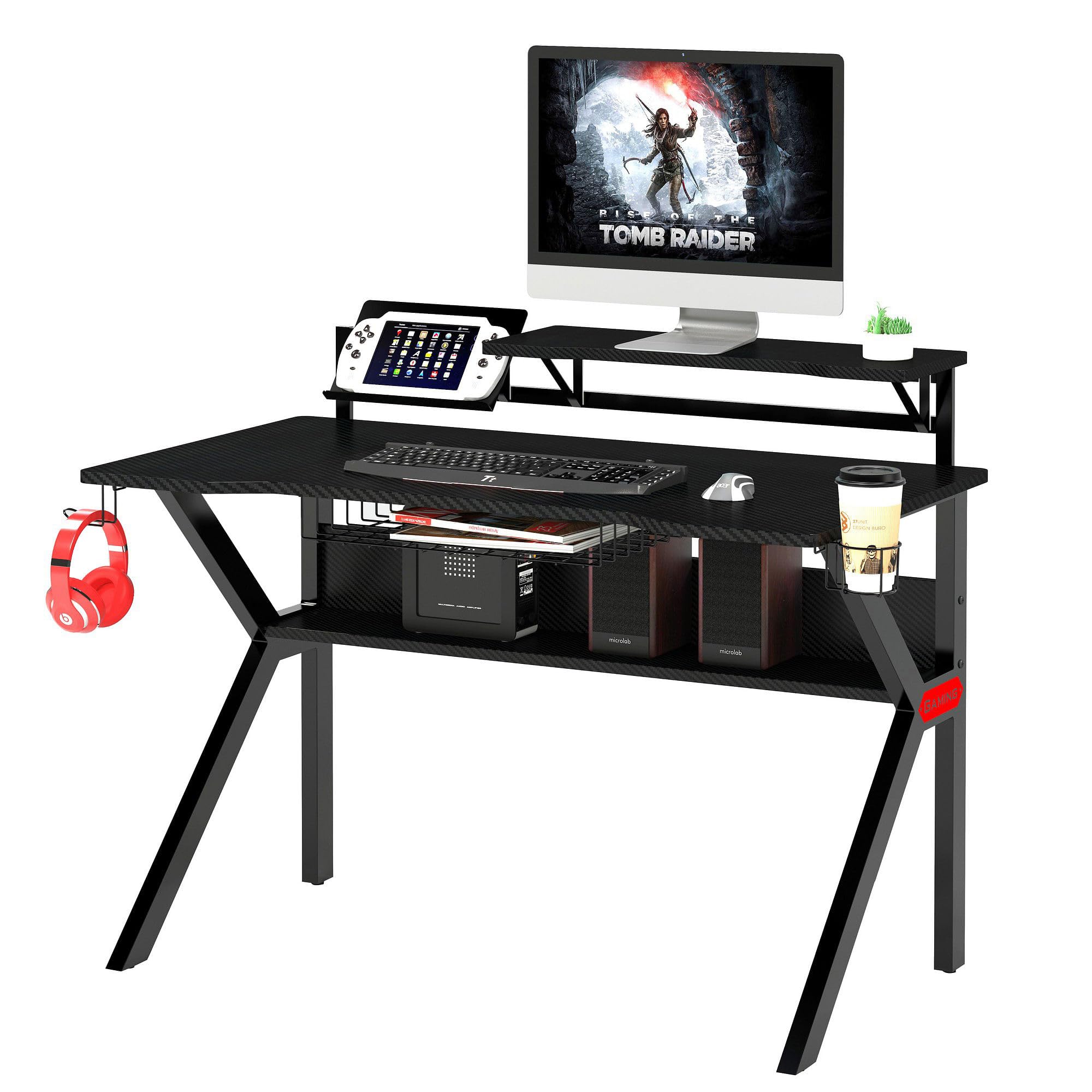 The Urban Port54-Inch Rectangular Gaming Desk with 2 Shelves and K Shape Leg Support, Black