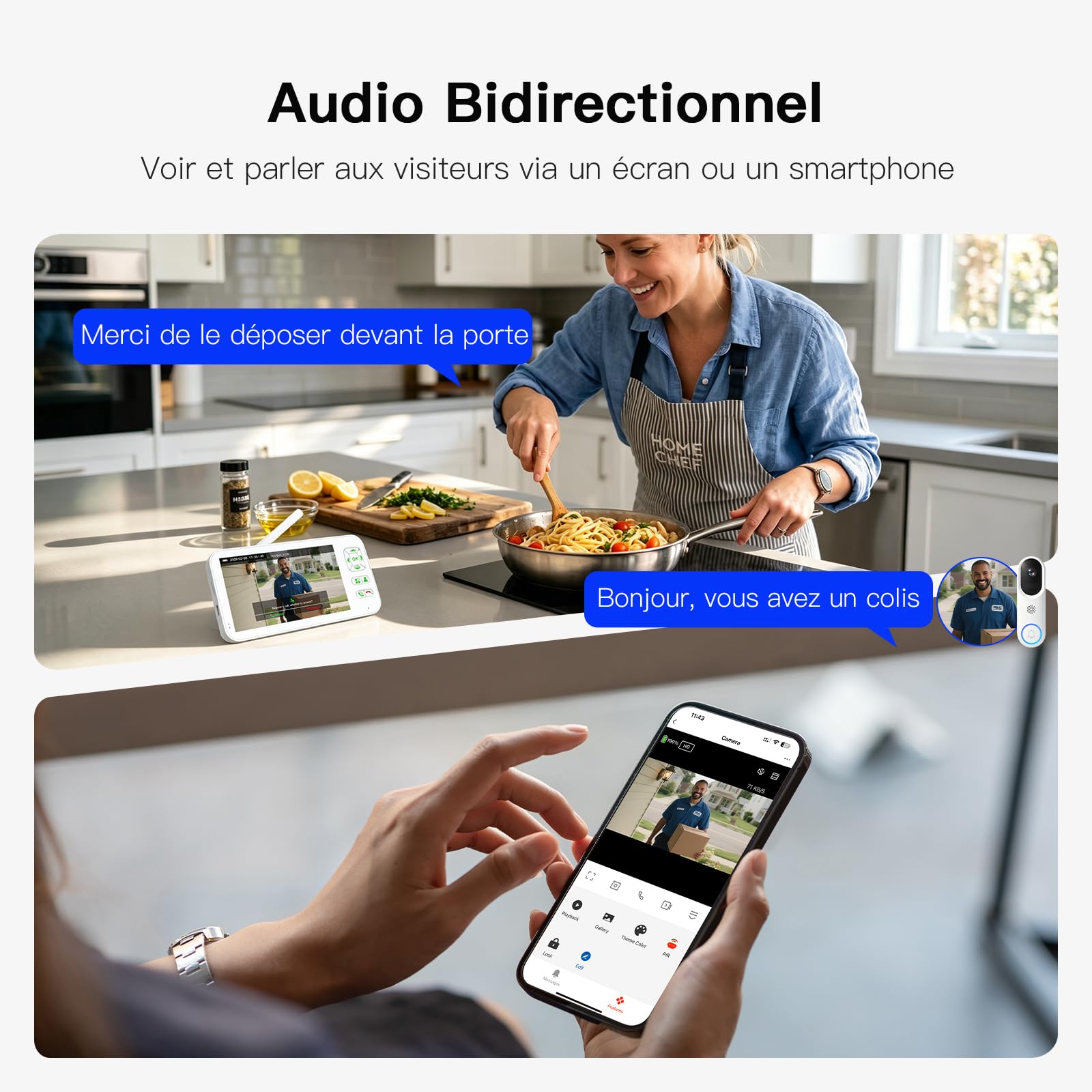 XPJ Visiophone Sonnette sans Fil avec Camera et 5" Ecran Moniteur, Interphone Vidéo Connecté WiFi 1080P, Stockage Local, PIR Détection de Mouvement, Audio Bidirectionnel, Vision Nocturne, Tuya APP
