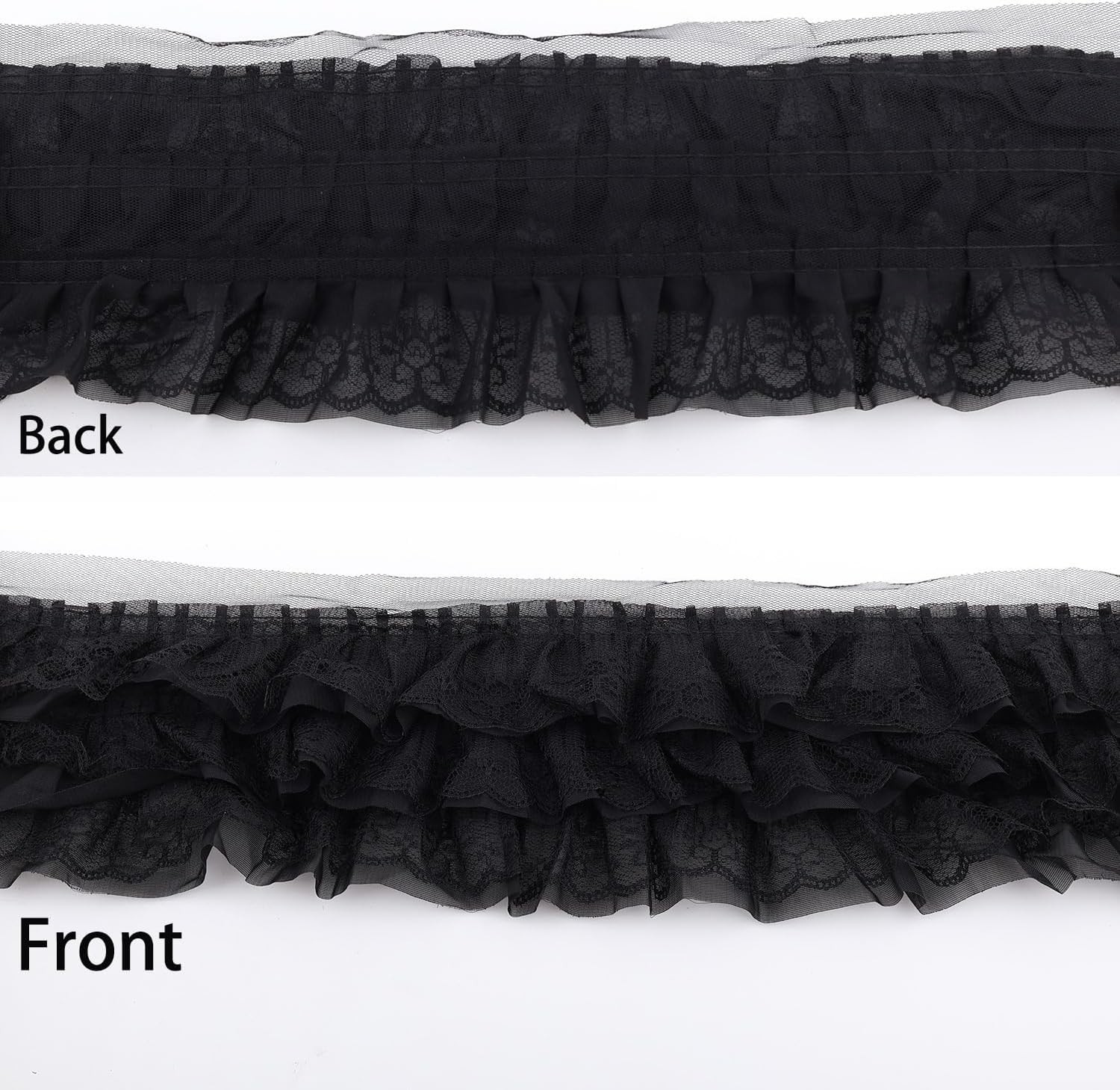 5 Yards 3 Layer Ruffle Lace Trim, 13cm 5.12" Wide White lace Fabric Chiffon Flower Pleated Trim Gathered Ribbon for Wedding Applique Clothing Sewing Decor Handmade Craft DIY (5 Yard, Black)