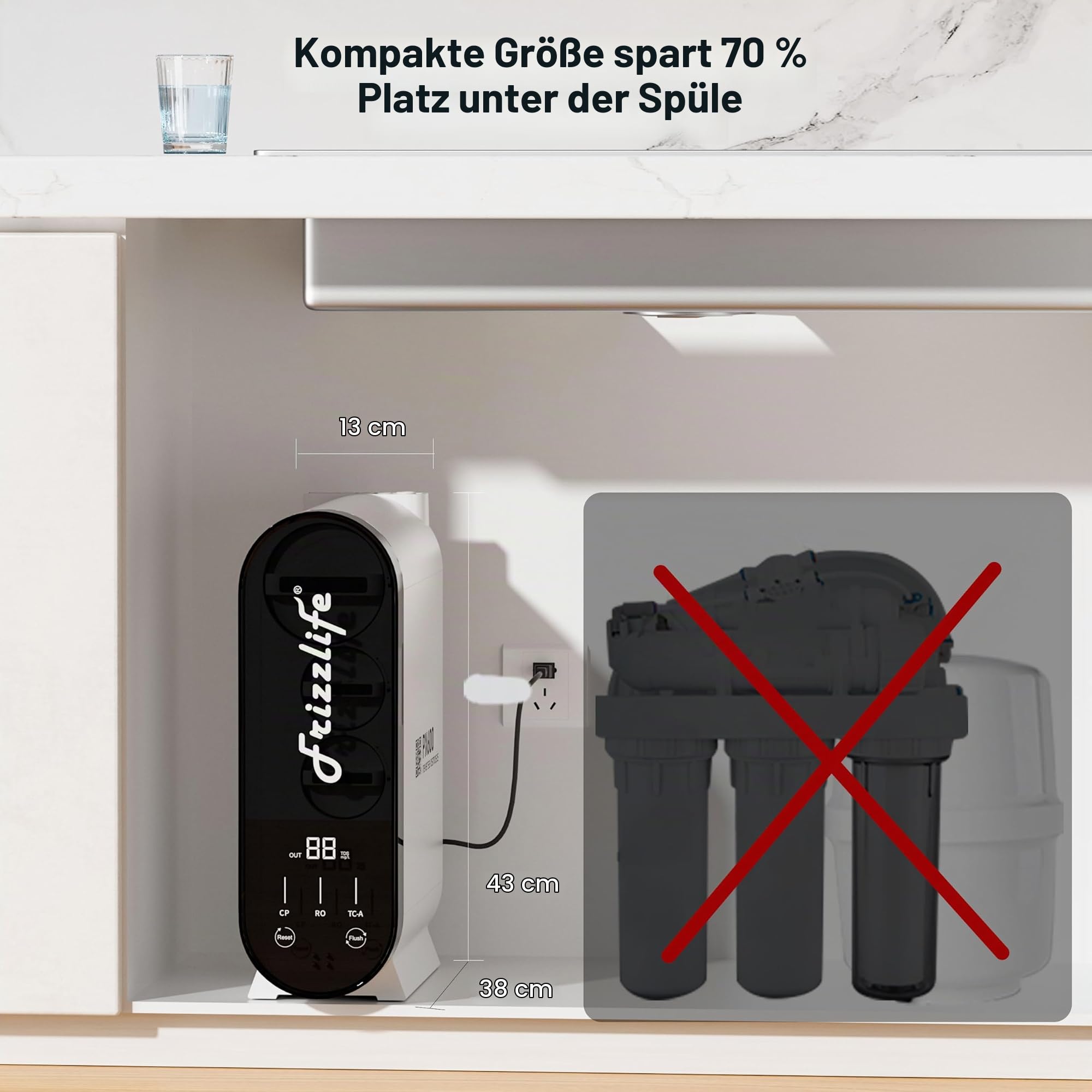 Frizzlife Umkehrosmoseanlage, 600 GPD，Entkalkungsanlage RO Untertisch Wasserfilter，2:1 Rein zu Entwässern, Reduziert TDS, Tanklos, BPA Frei, PX600