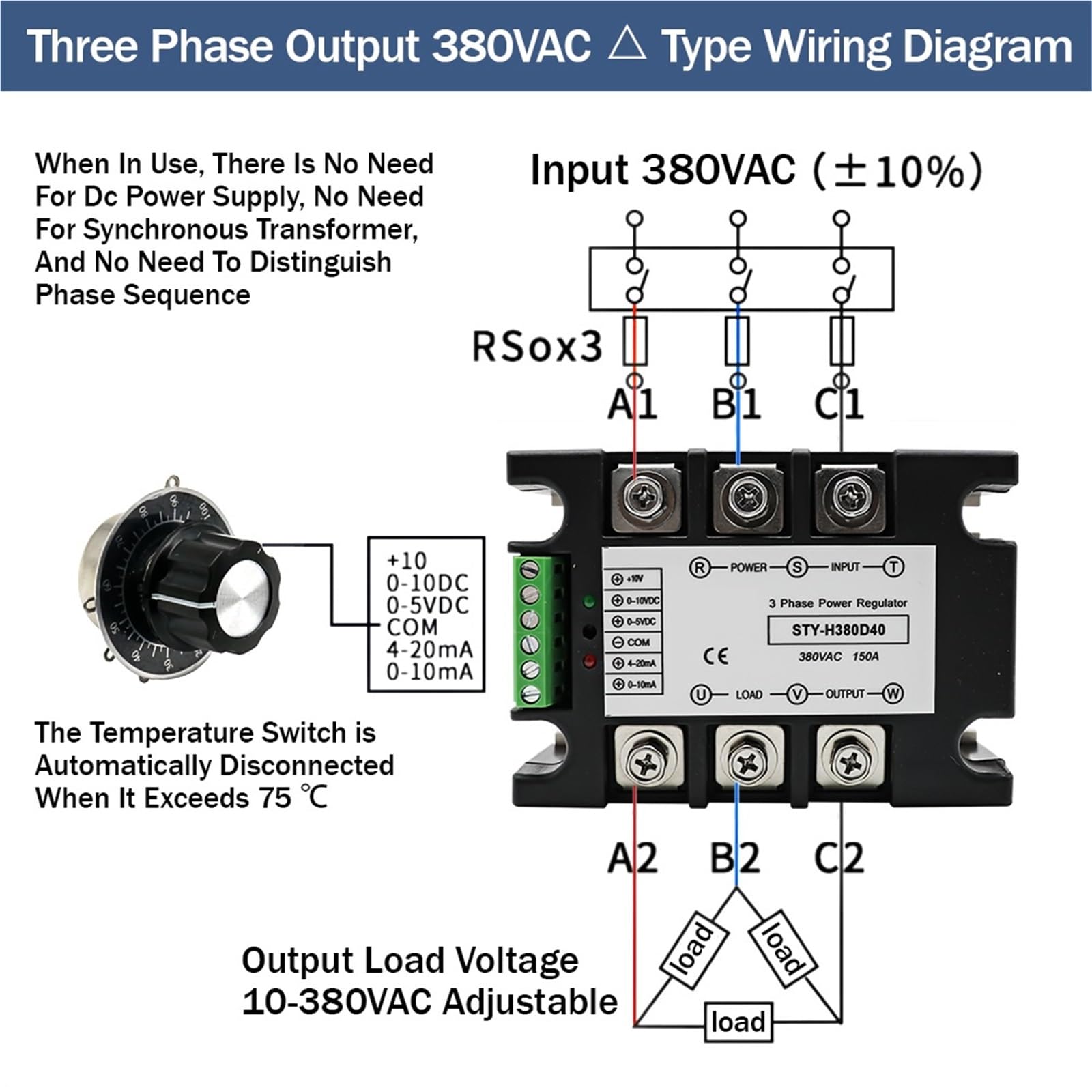Trójfazowy regulator napięcia AC Regulator mocy Tyrystor 380V Przekaźnik półprzewodnikowy Ściemnianie 25A-400A 1 szt. Potencjometr Sterujący (tylko moduł, 120A (21,9 KW))
