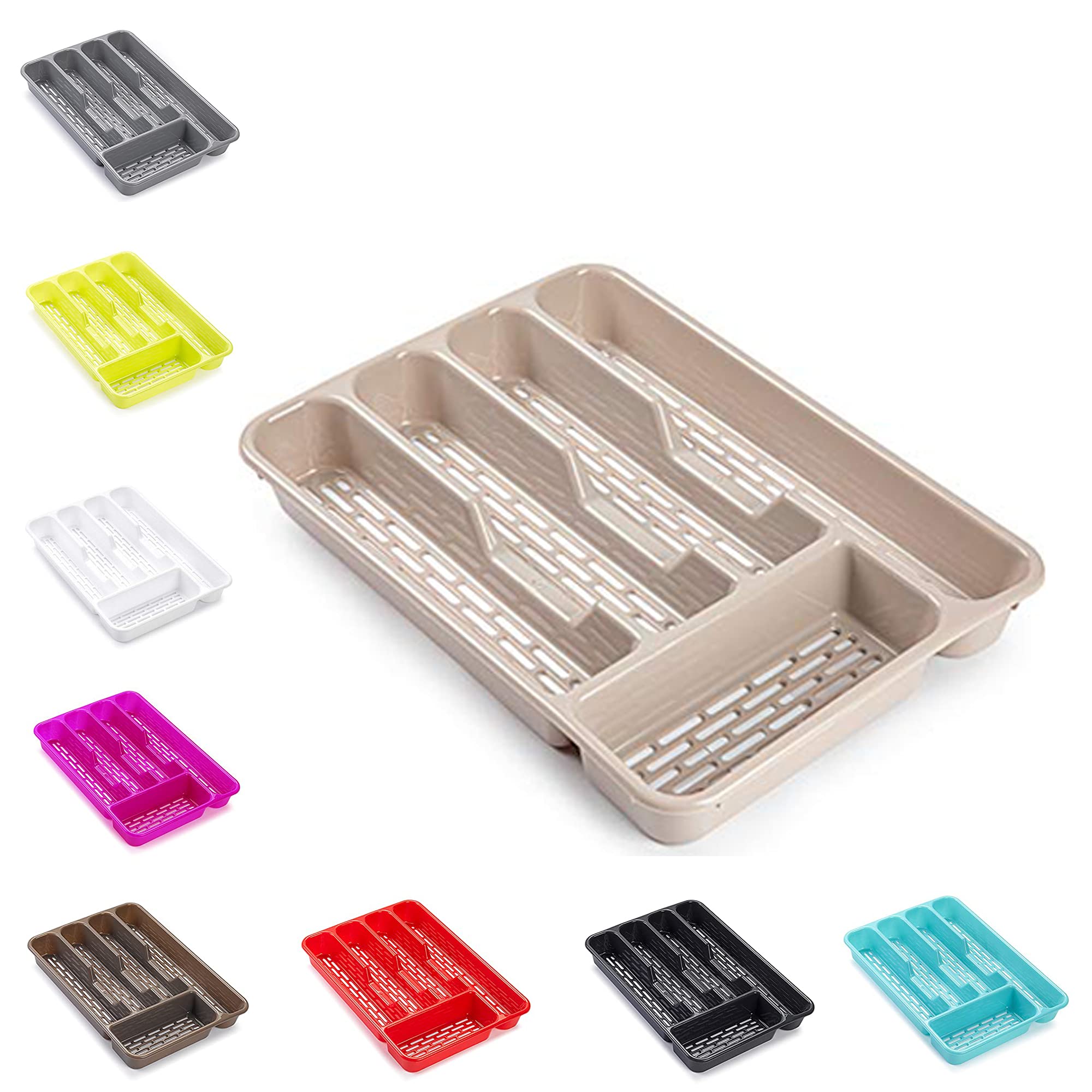 PLASTIFIC Large Cutlery Tray Flatware Organiser Strong Plastic Drawer Sliding Tidy Cutlery Tray for Drawer, Plastic Cutlery Drawer Organiser (Taupe, 33 x 24 x 4.3)