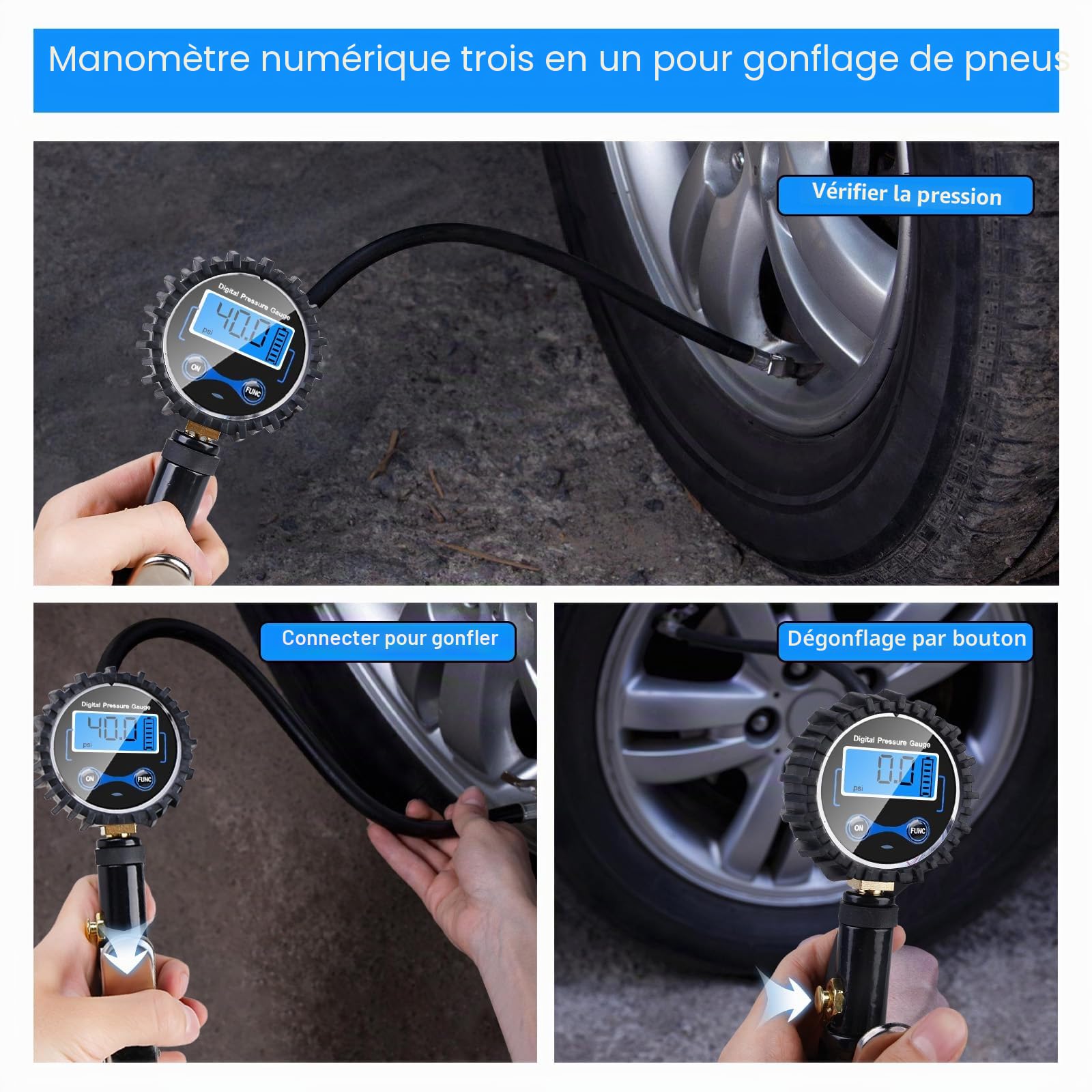 Gonfleur de pneu, manomètre numérique 200 PSI, gonfleur de pneu calibré, jauge de pression des pneus, testeur de pression des pneus haute précision pour voiture/moto/vélo
