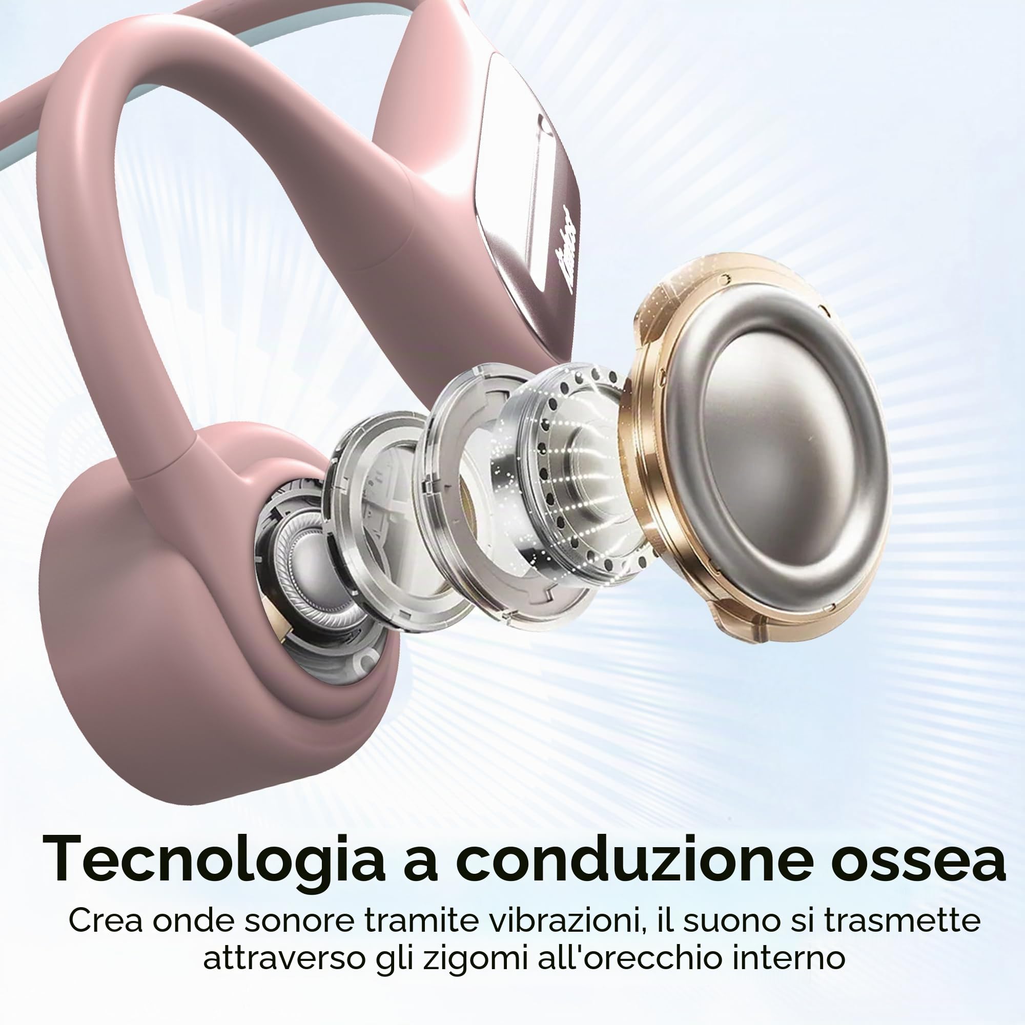 Cuffia Conduzione Ossea per Nuoto, Auricolare Open Ear Bluetooth 5.3 IP68 Impermeabile, Memoria MP3 32G, per Sport, Nuoto, Ciclismo, Corsa (Rosa)