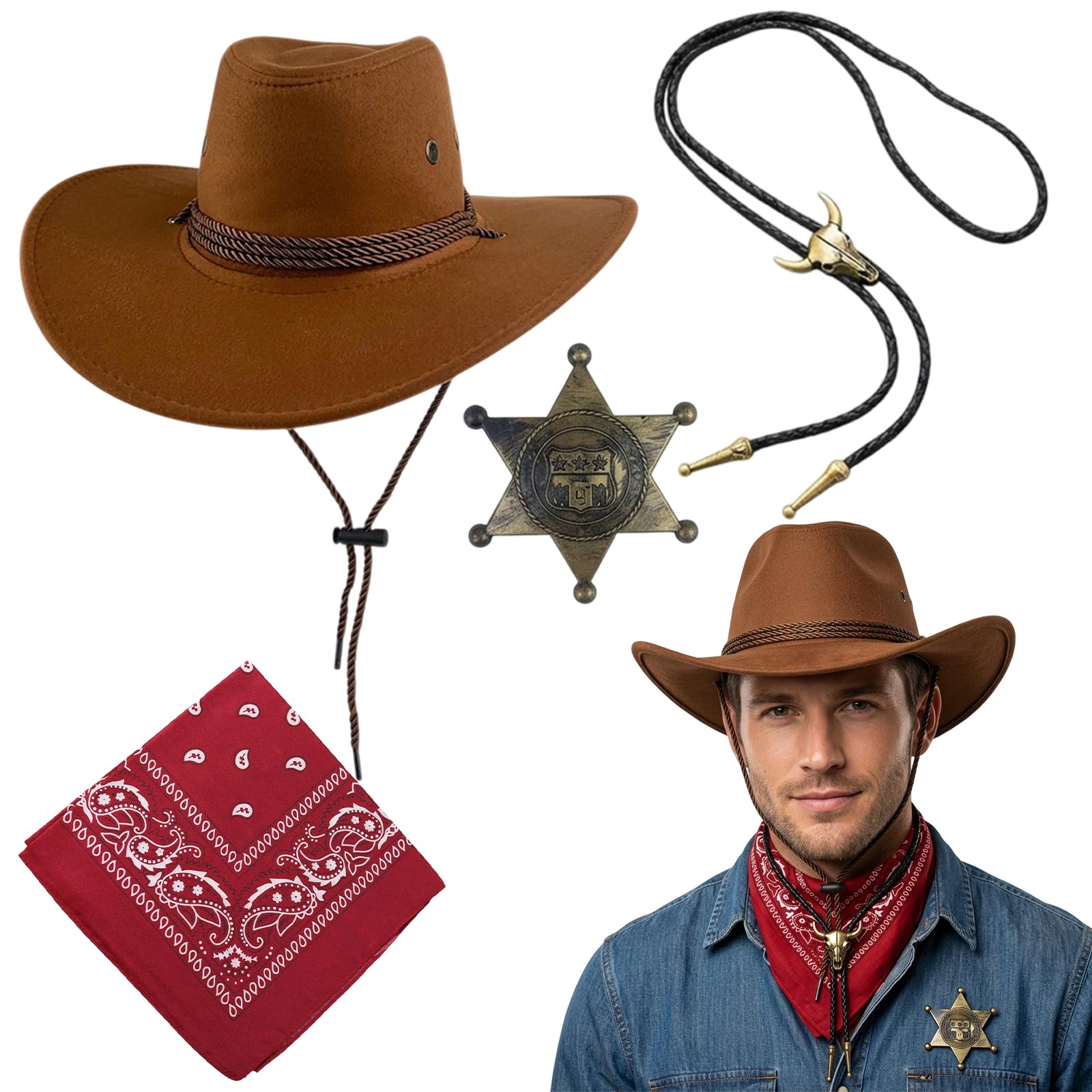 CYCFMYYLY 4-Piece Cowboy Costume Accessories for Men, Cowboy Hat and Bandana Set with Necklace and Star Badge for Western Theme Party Outfit, Costume Parties and Festivals