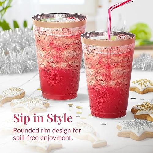 Vista 2 de Prestee Paquete de 50 vasos de plástico desechables de 14 onzas, copas de vino de plástico con borde rosa de alta resistencia, vasos desechables Oro