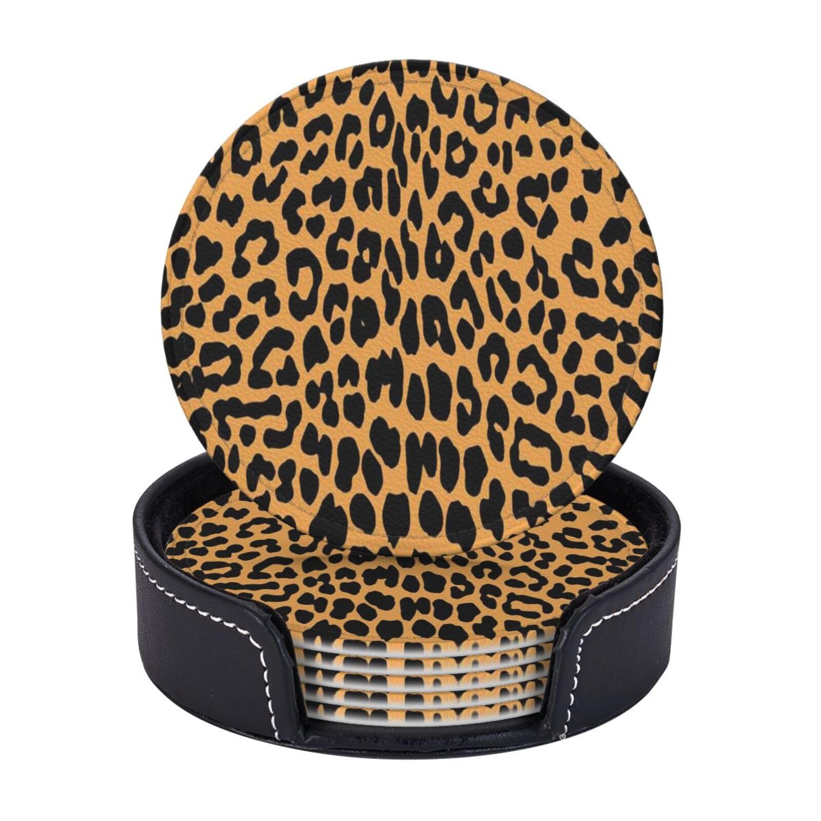 AUGUSTRUSH Round PU Leather Coasters Set of 6, Leopard Print coaster with Storage Box, Heat-Resistant Non-Slip Drink Pads for Kitchen Desk Office Dining Table