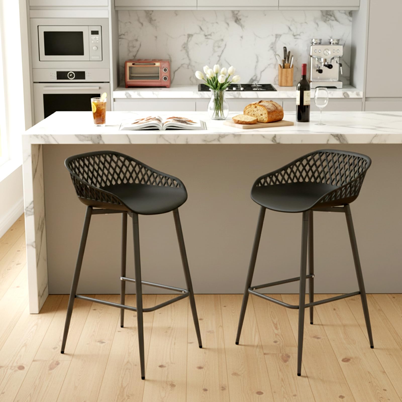 buybyroom Taburetes Altos de Cocina, Juego de 4 Taburetes de Bar con Respaldo, Sillas Altas de Cocina Modernas para Isla de Cocina, Bar o Restaurante, Patas de Metal, Asiento Ancho, Negro