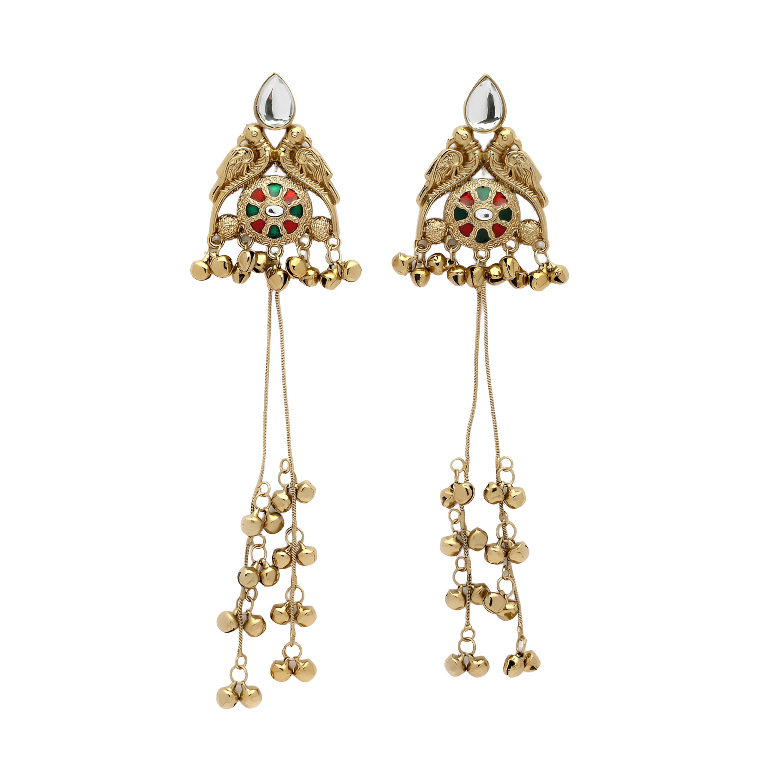 Gold Plated Kashmiri Ghungroo Latest Stylish Traditional Mehandi Stone Disc with Intricate Work & Long Tassels Earrings for Women & Girls-image-48