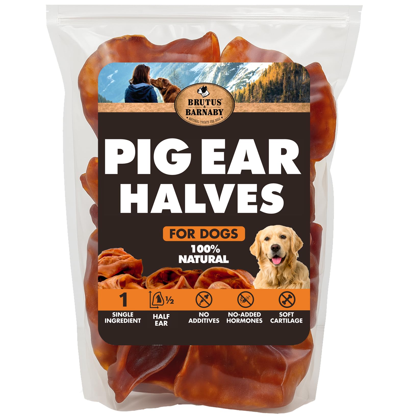 BRUTUS & BARNABY Pig Ear Halves for Dogs, 40 Ct. – All-Natural Single Ingredient Dog Chews, Slow Cooked & Fully Digestible Rawhide Alternative