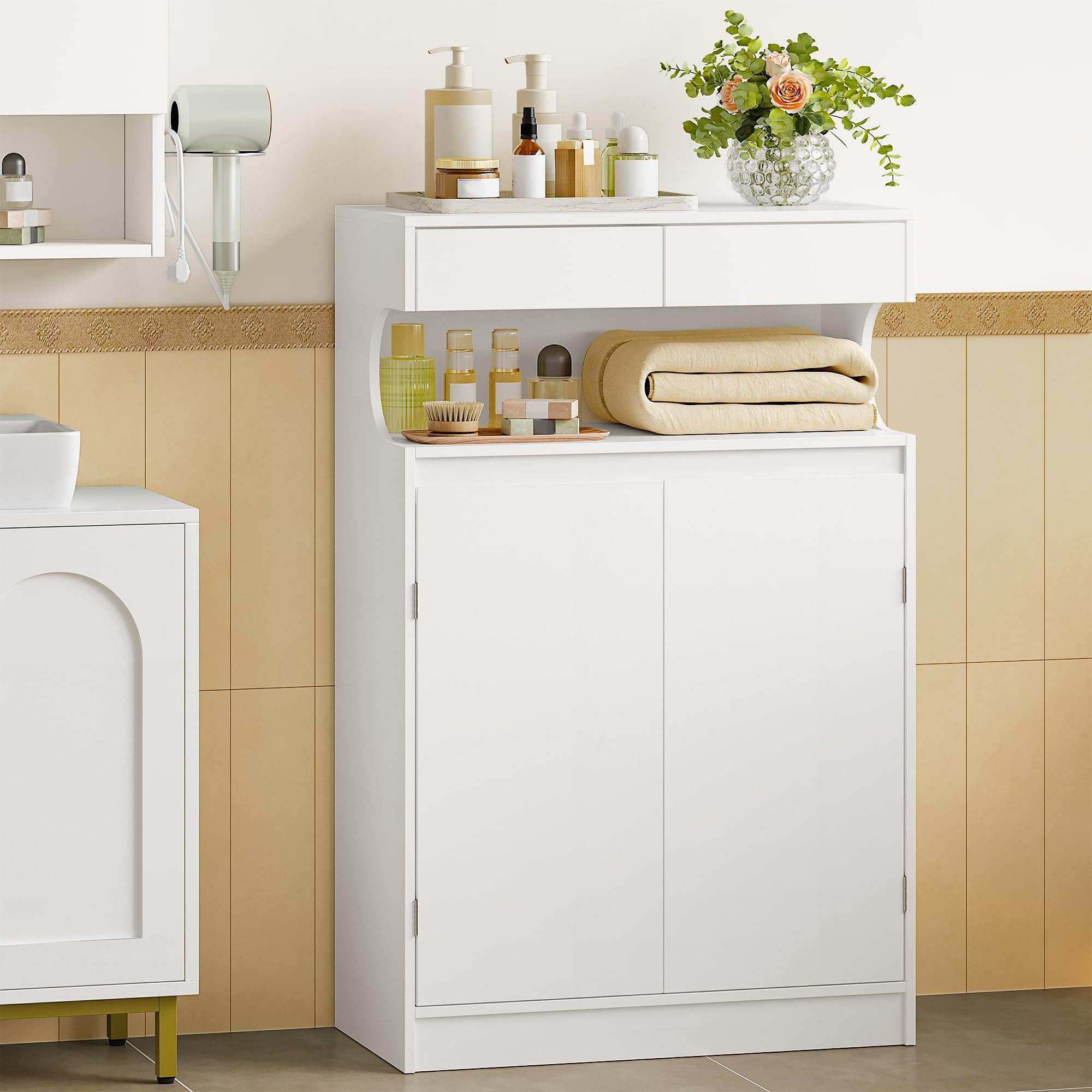 Hzuaneri Mobile da Bagno, mobiletto bagno con 2 cassetti e 2 ante, design semplice e moderno, con ripiani regolabili, per Bagnos, Soggiorno, Ingresso, Cucina, 30 × 60 × 90 cm, Bianco lino, SC63903X