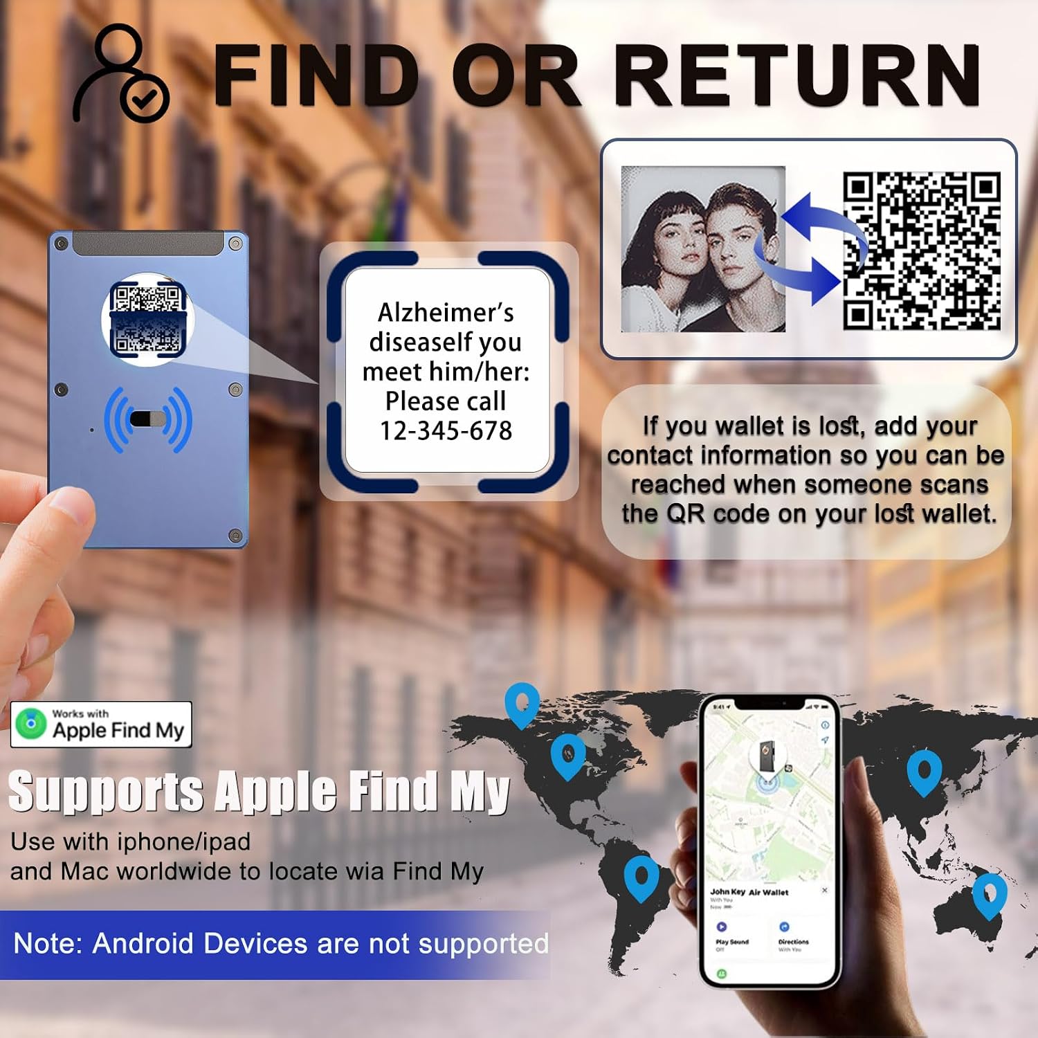 Smart Metal Wallet with Custom 4-Color E-Ink Screen, Double-Tap to Show Contact Info, Built-in Find My Tracker (iOS Only), RFID-Blocking Metal Design, Holds 12 Cards & Removable Cash Clip