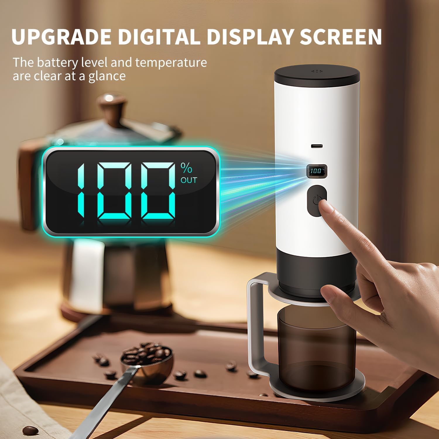 Cafetera portátil 3 en 1 con pantalla LED, tanque de 90 ml, autocalentamiento, compatible con café molido y cápsulas de espresso