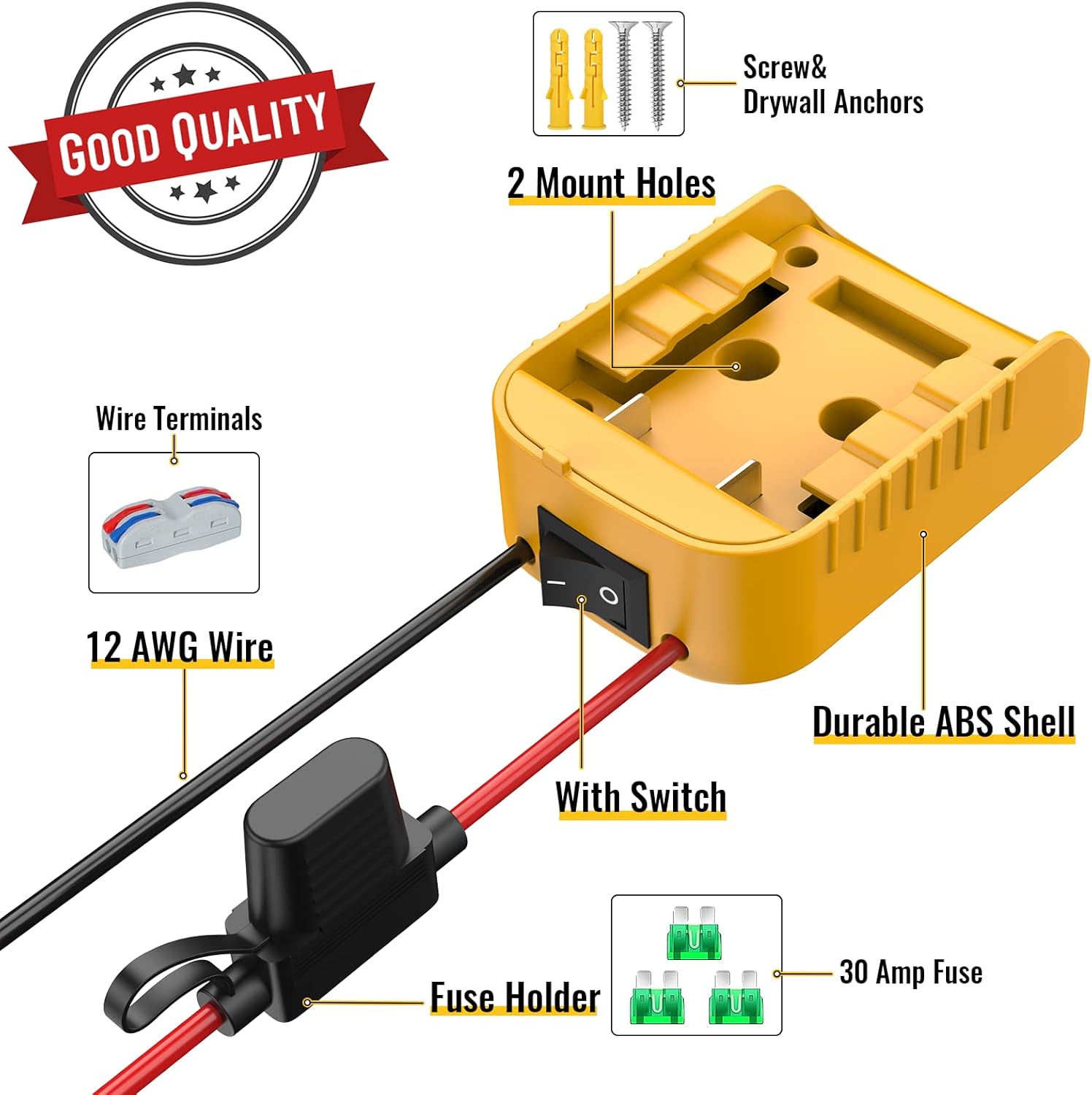 2 Packs Power Wheel Adapter Compatible with Dewalt 20V Battery, Converter Kit with Switch & Fuse & Wire Terminals & 12 AWG Wire for DIY RC Car Toys Robotics - Image 2