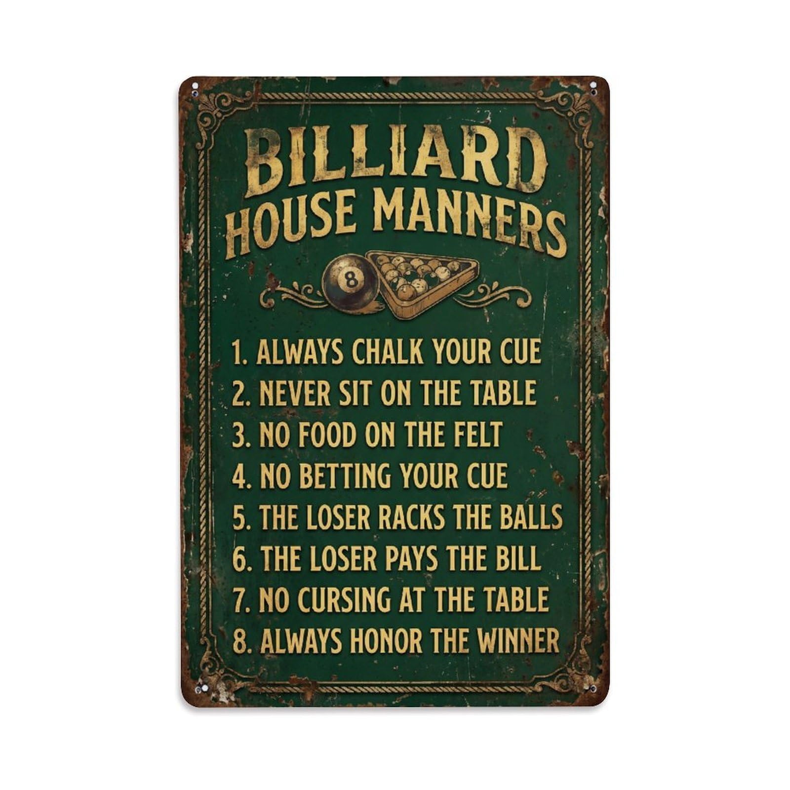 Billiard House Manners Vintage Funny Metal Tin Sign Plaque Wall Decor for Cafe, Club Bar, Office, Home Garden Metal Poster 8x12Inch