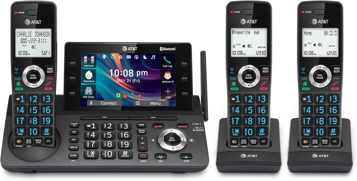 DLP73390 3-Handset DECT 6.0 Cordless Phone with Answering Machine | 5" Color Display, One-touch Shortcut, Conference & Intercom, Smart Call Blocker, Bluetooth Connect to Cell
