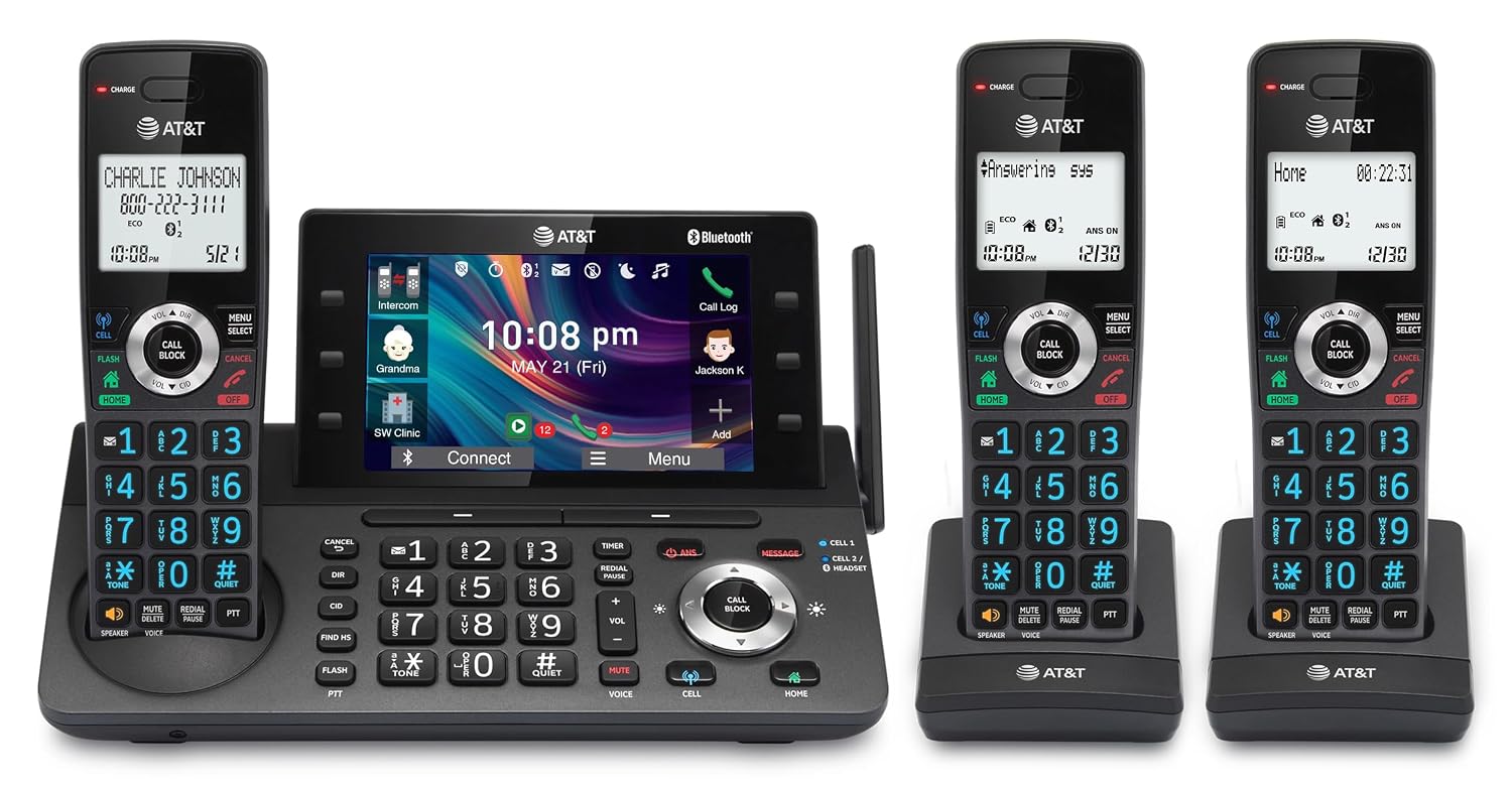 AT&T 3-Handset DECT 6.0 Cordless Home and Business Phone with Answering Machine, 5″ Color Display, One-Touch Shortcut, Conference, Intercom, Smart Call Blocker, Bluetooth Connect to Cell: DLP73390