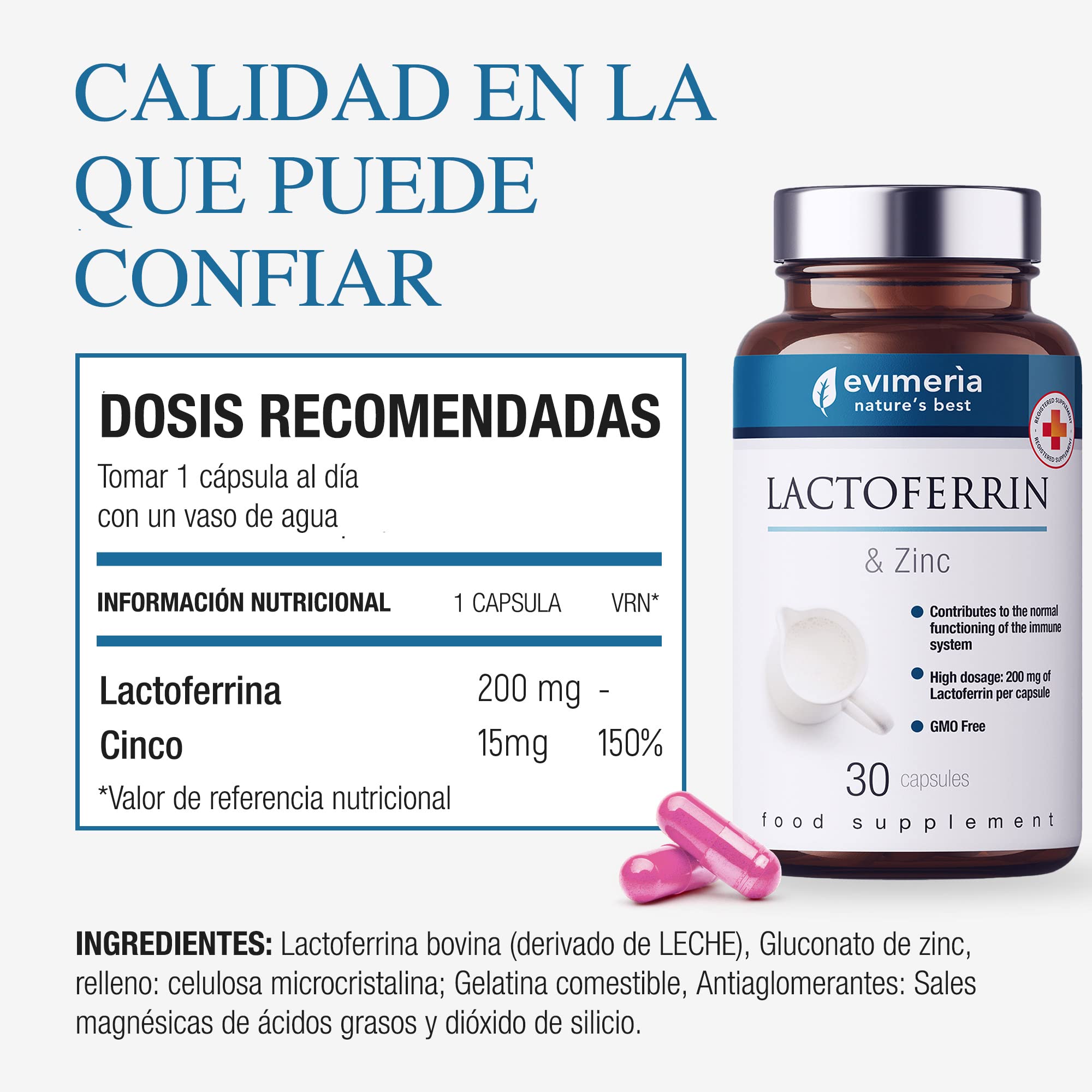 EVIMERIA Lactoferrina Pura 200 mg y Zinc | Ayuda a fortalecer el sistema inmunológico | Suplemento de defensa inmunológica | Lactoferrina | Lattoferrina | Paquete doble | Producido en Italia