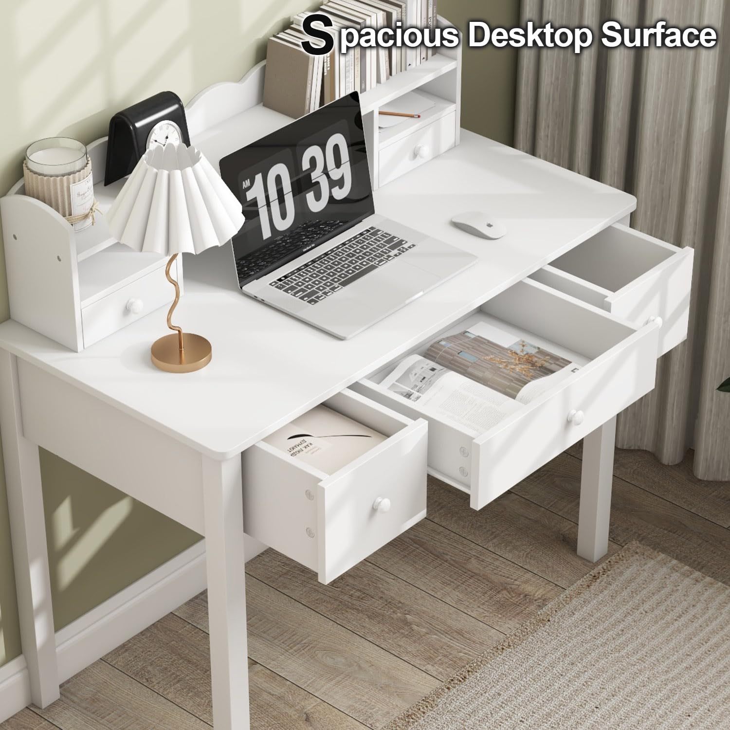 FUNKOCO Writing Desk with Hutch 40 Small White Desk for Girls 5 Drawers | Modern Student Desk for Study Teen Desk for Bedroom Home Office Ideal for Gift product thumbnail 8