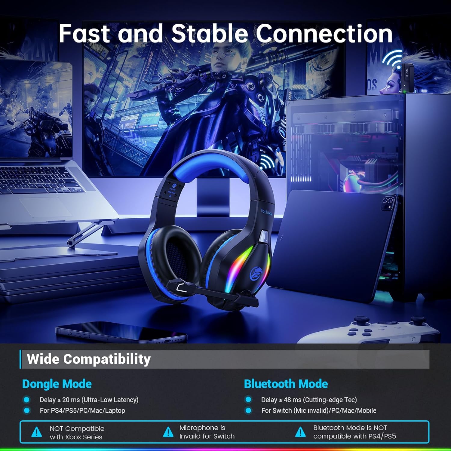 Fachixy FC100 Casque de Jeu sans Fil avec Microphone, 2,4 G, pour PS5, PS4, PC, Switch, Mac, Son Surround, Bluetooth, sans Fil, avec lumière LED, Plus de 50 Heures d'autonomie