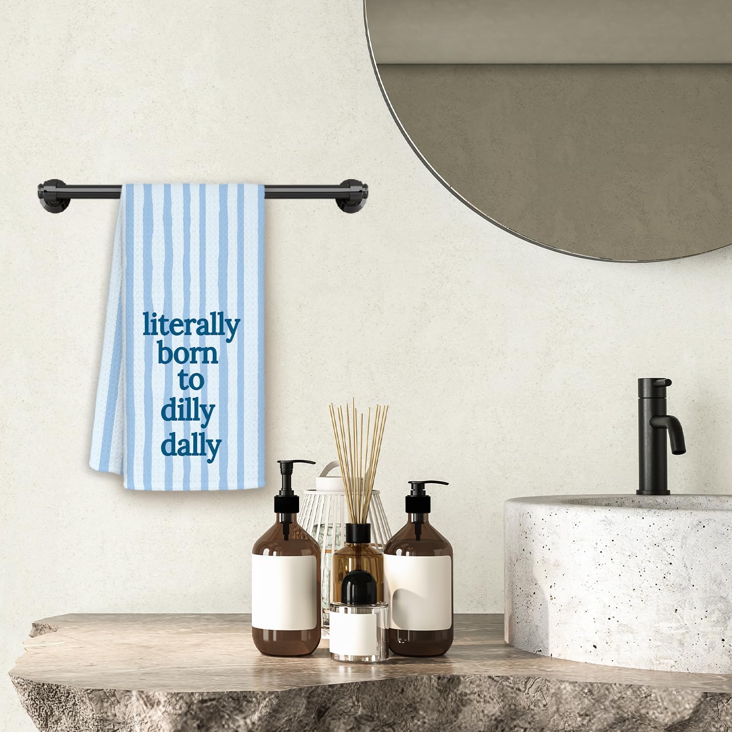 KEUSPI Trendy Funny Blue Striped Kitchen Towels, Literally Born to Dilly Dally Sarcastic Humor Quote Decorative Hand Dish Tea Towels for Kitchen Bathroom, 16x24 Inch