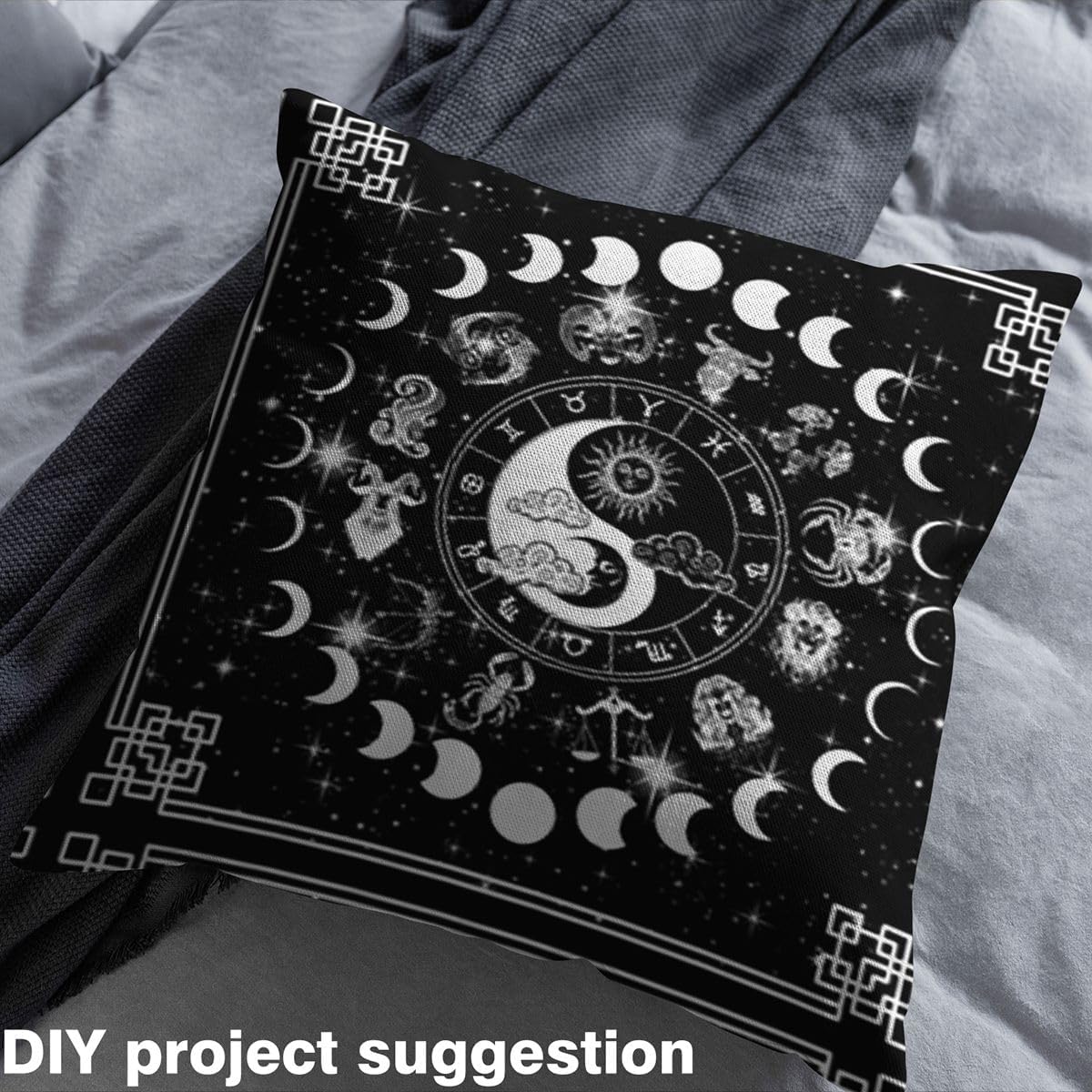 Sun and Moon Fabric by The Yard,Twelve Constellations Zodiac Upholstery Fabric Moon Phase Decorative Fabric Yin Yang Outdoor Fabric Starry Sky Stars Waterproof Fabric for Sewing,Black White,2 Yards