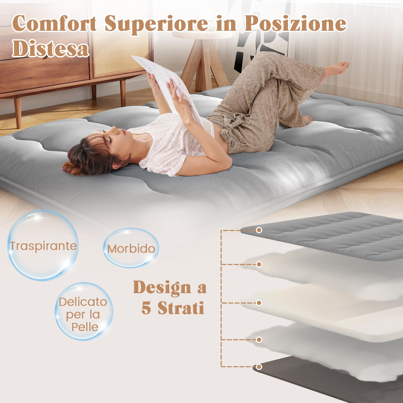 COSTWAY Materasso Futon Pieghevole, Materasso Portatile con Sacca da Trasporto per Camping, Materasso da Terra con Copertura Lavabile (Grigio,200 x 140 cm)