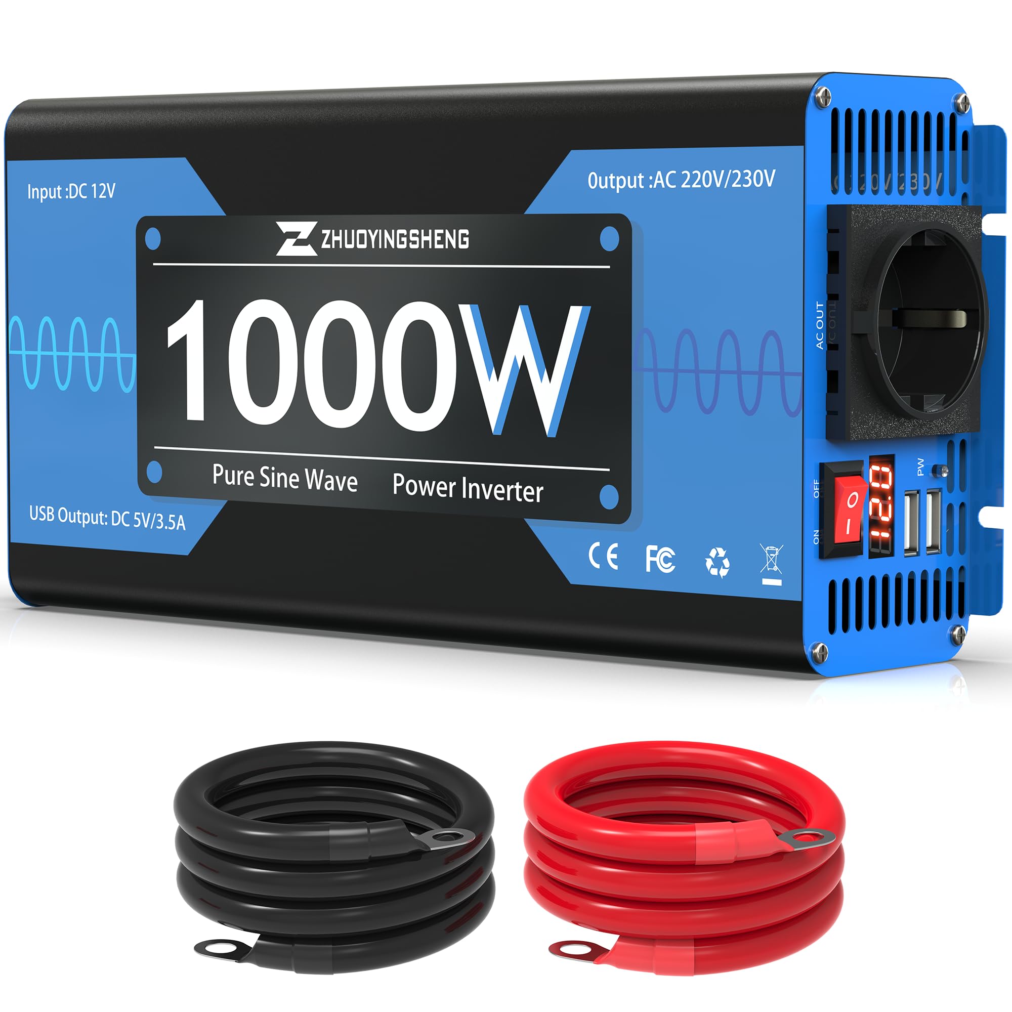 ZYS 1000W Wechselrichter 12V auf 230V Reiner Sinus, Blau