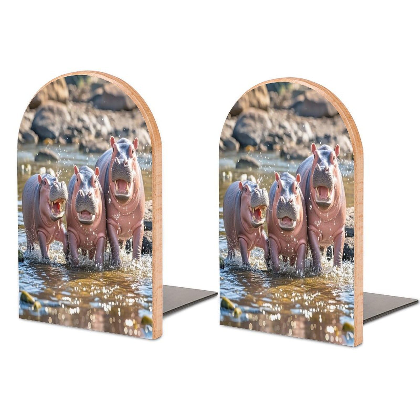 Hippos Bookend Non-Skid Wooden Bookends for Shelves Heavy Duty Wood Book Ends Decorative Book Stopper Book Stand Non-Slip Book Organizer for Home Office Library