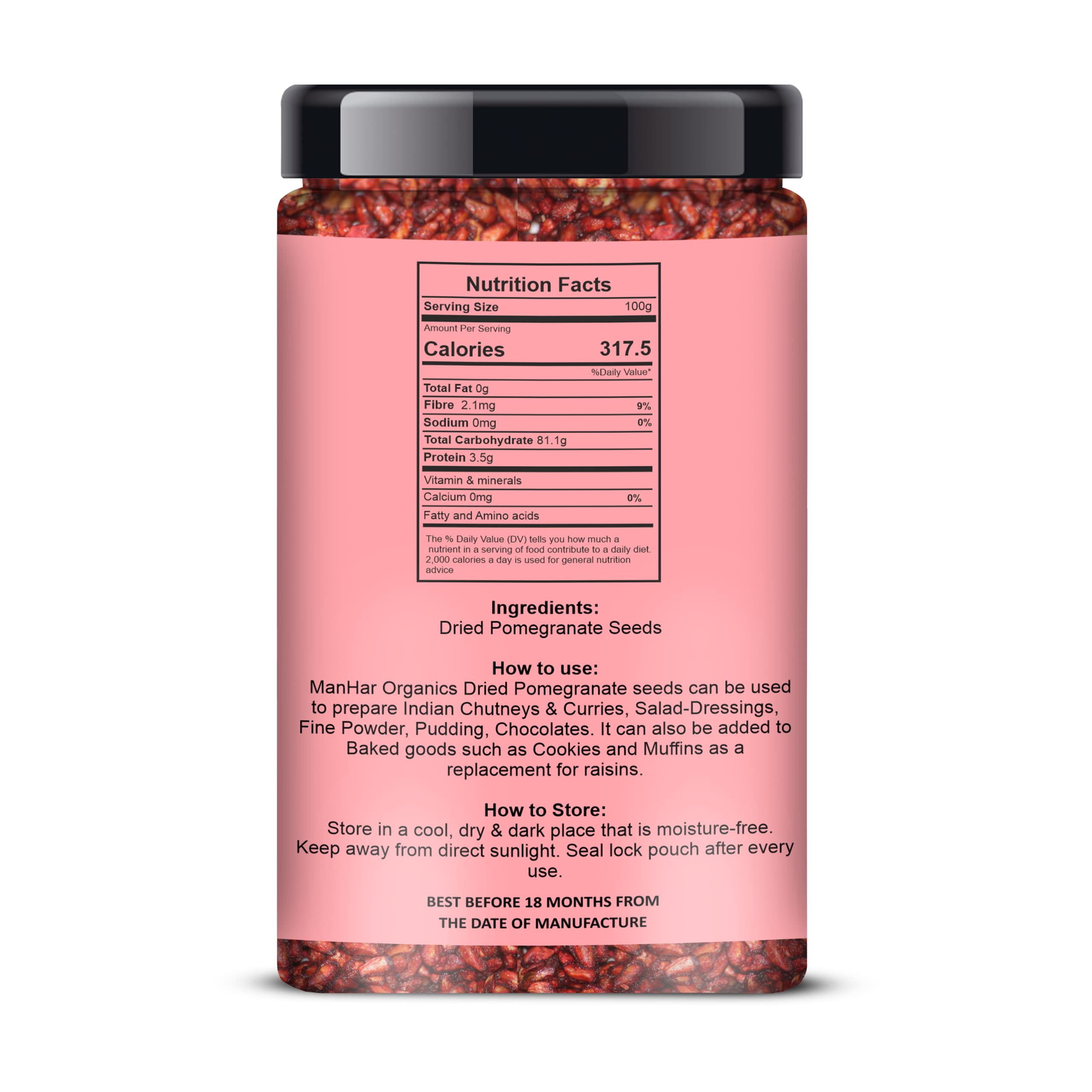 ManHar Organics Dried Pomegranate Seeds (Anardana) 400g Jar | Natural Sun-Dried Anar Dana Seeds | Whole Dry Pomegranate Seeds | Tangy Flavor for Chutneys, Curries & Spice Blends
