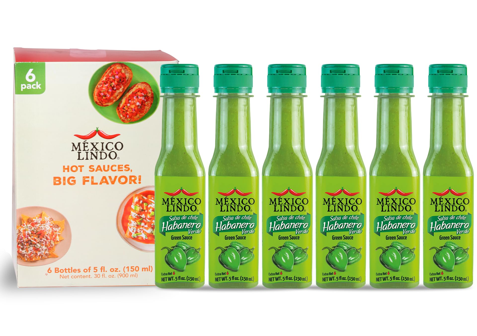 Mexico Lindo Green Habanero Hot Sauce | Real Green Habanero Chili Pepper | 75,900 Scoville Level | Enjoy with Mexican Food, Seafood & Pasta | 5 Fl Oz Bottles (Pack of 6)