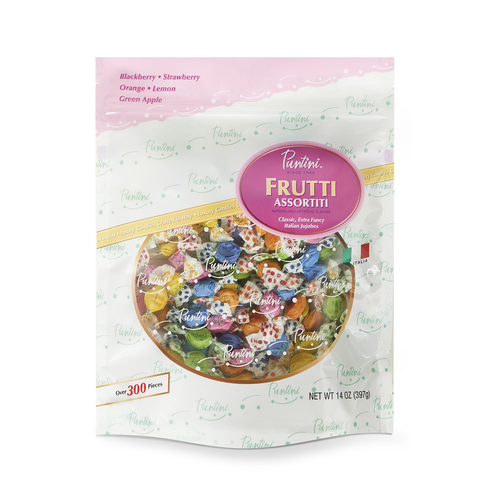 PUNTINI Frutti Assortiti Italian Gourmet Chewy Jujubes, Assorted Fruit Flavors, Individually Wrapped Vegan Candy, Gluten Free, Non-GMO, Resealable Pouch, 14 Oz, over 300 Count