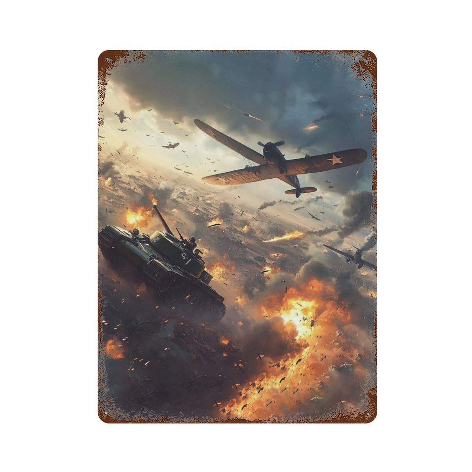 WWII Tank & Plane Battle 15.7"x11.8" Vintage Rust Metal Sign, Decorative Metal Wall Art for Living Room, Hallway And Home Decor