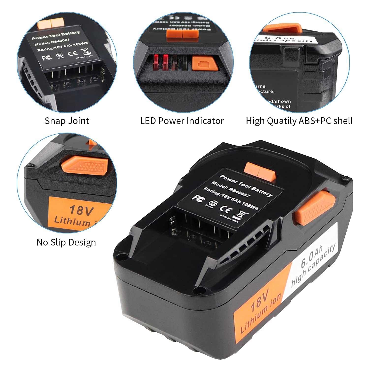 Powerost 6Ah 18V R840087 Replacement Battery Compatible with Ridgid 18V R840083 R840086 R840085 R840084 AC840087P AC840086 AC840085 AC840089 AC840094 R86092 R840095 Cordless Power Tools Battery