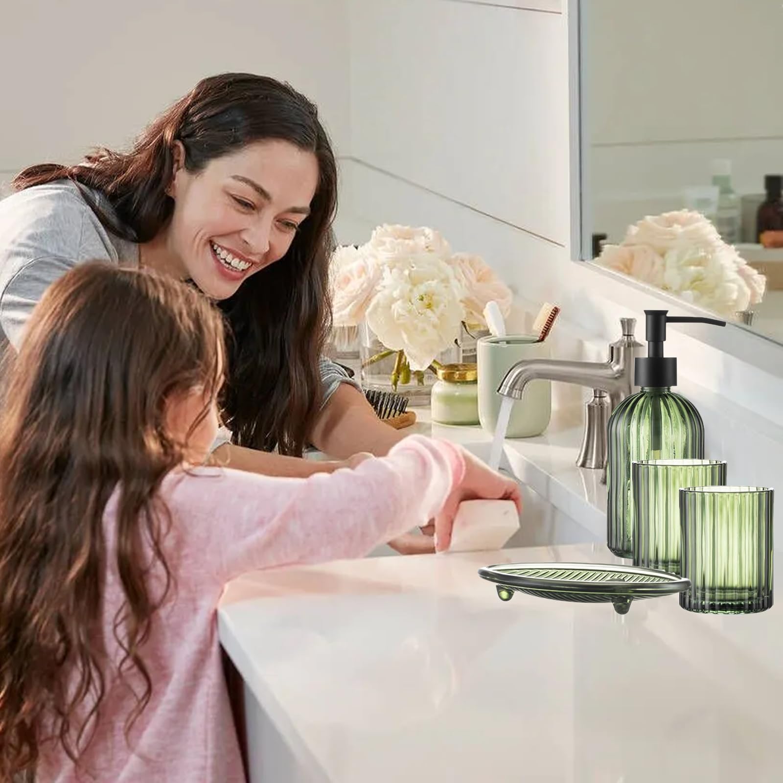 Set di accessori da bagno verde, set completo di vetro trasparente, composto da dispenser di sapone, portaspazzolino, bicchiere per sciacquone e portasapone per decorazione bagno e organizzatore