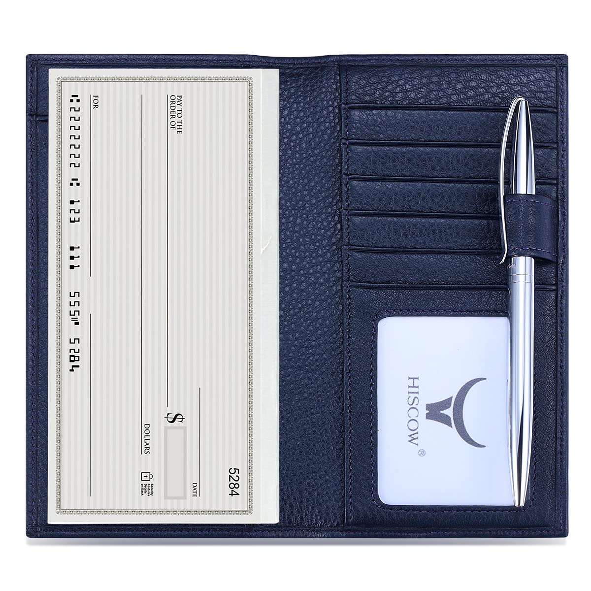 HISCOW Leather Checkbook Cover with Card Slots &amp; Pen Holder, Pebbled Blue