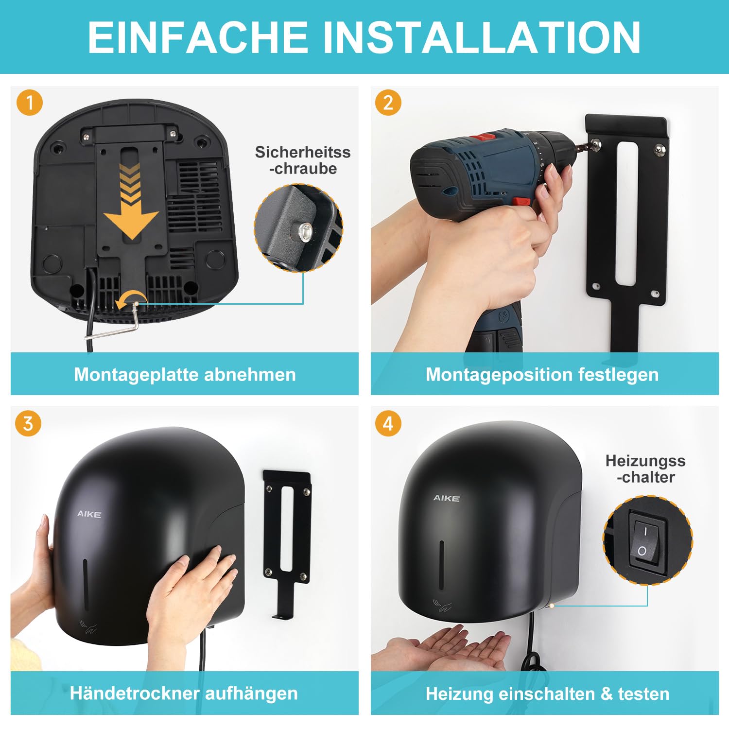 AIKE GentleAir Warmluft Handtrockner, Leise für Zuhause & Bäder, AC220V-240V, Mitternacht Schwarz