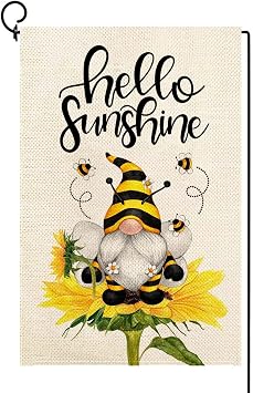 Baccessor Hello Sunshine Summer Garden Flag Sunflower Gnome Bee Funny Flag 12.5 x 18 Inch Double Sided Burlap Yard Small Flag for Outside Decor