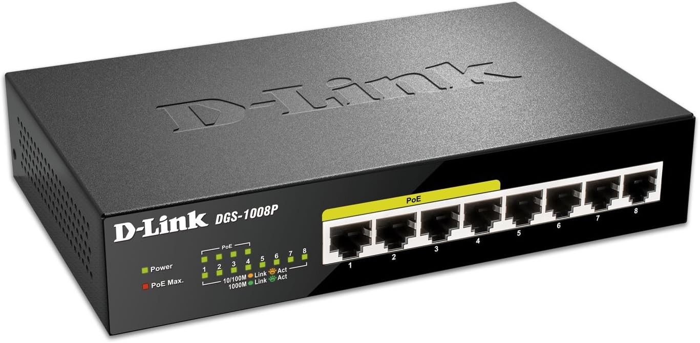 D-Link Ethernet Switch, 8 Port Gigabit Unmanaged Desktop with 4 PoE Ports, 68W PoE Budget (DGS-1008P) (Renewed)
